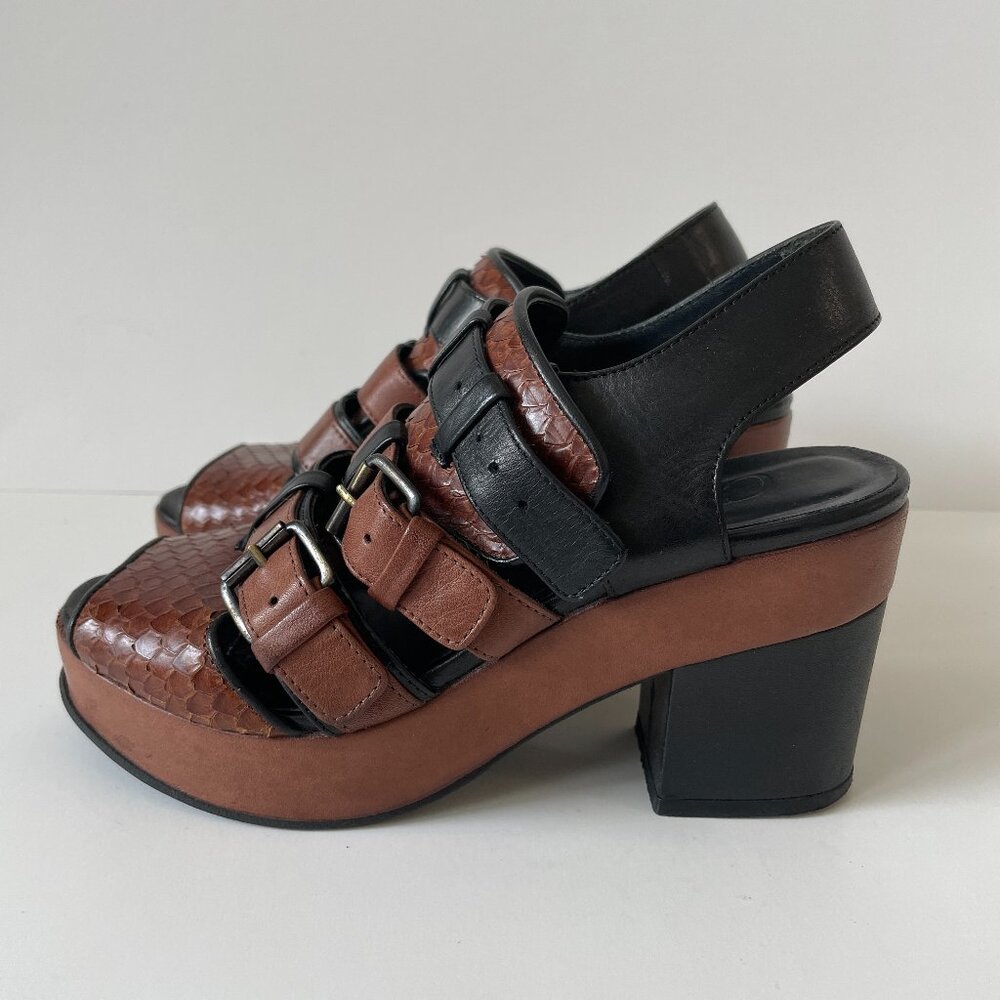 Côtélac Vintage Leather Platform Sandals Size 37 US 7 Black & Brown Straps